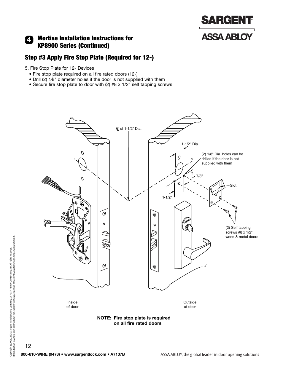 Step #3 apply fire stop plate (required for 12-) | SARGENT Keypad Exit Devices User Manual | Page 14 / 26
