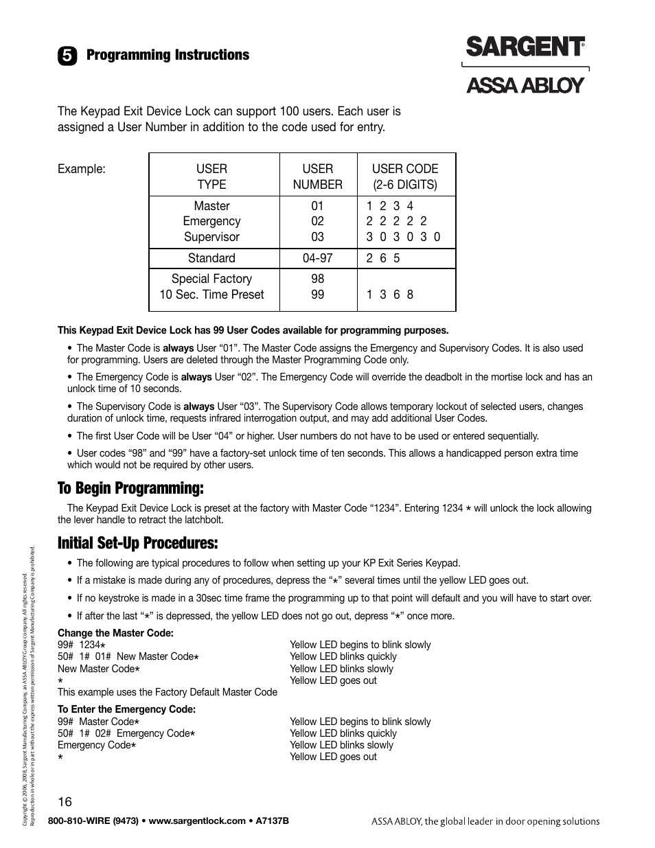 Initial set-up procedures, Programming instructions | SARGENT Keypad Exit Devices User Manual | Page 18 / 26