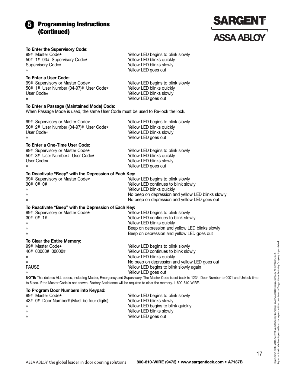 Programming instructions (continued) | SARGENT Keypad Exit Devices User Manual | Page 19 / 26