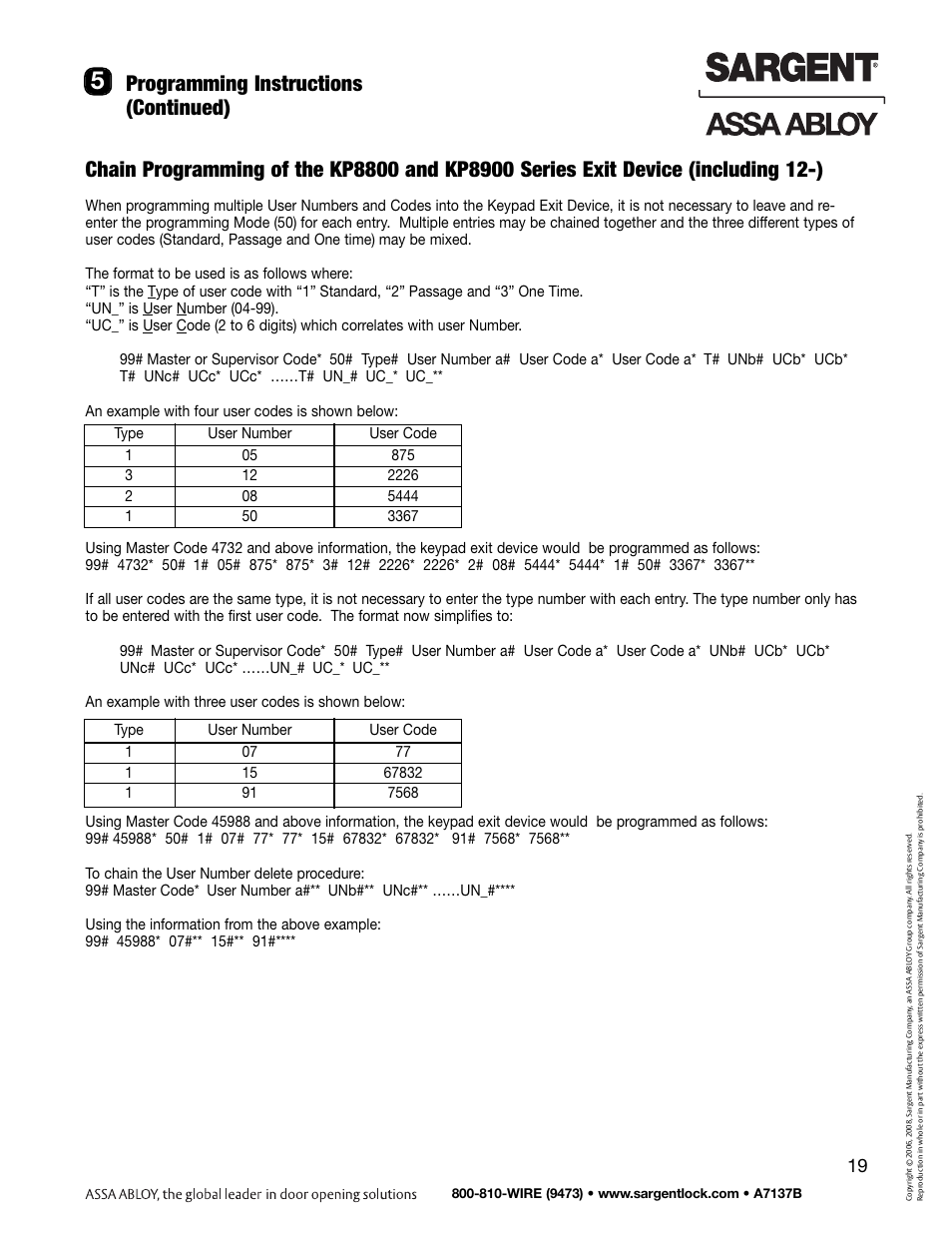 Programming instructions (continued) | SARGENT Keypad Exit Devices User Manual | Page 21 / 26