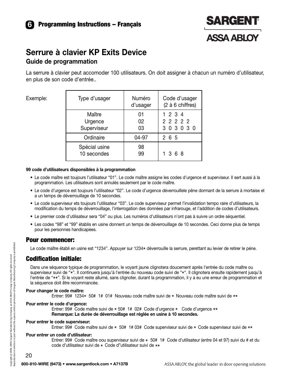 Serrure à clavier kp exits device, Pour commencer, Codification initiale | SARGENT Keypad Exit Devices User Manual | Page 22 / 26