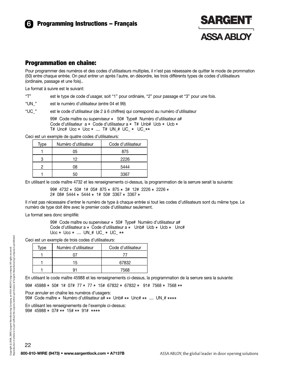 Programmation en chaîne, Programming instructions – français | SARGENT Keypad Exit Devices User Manual | Page 24 / 26