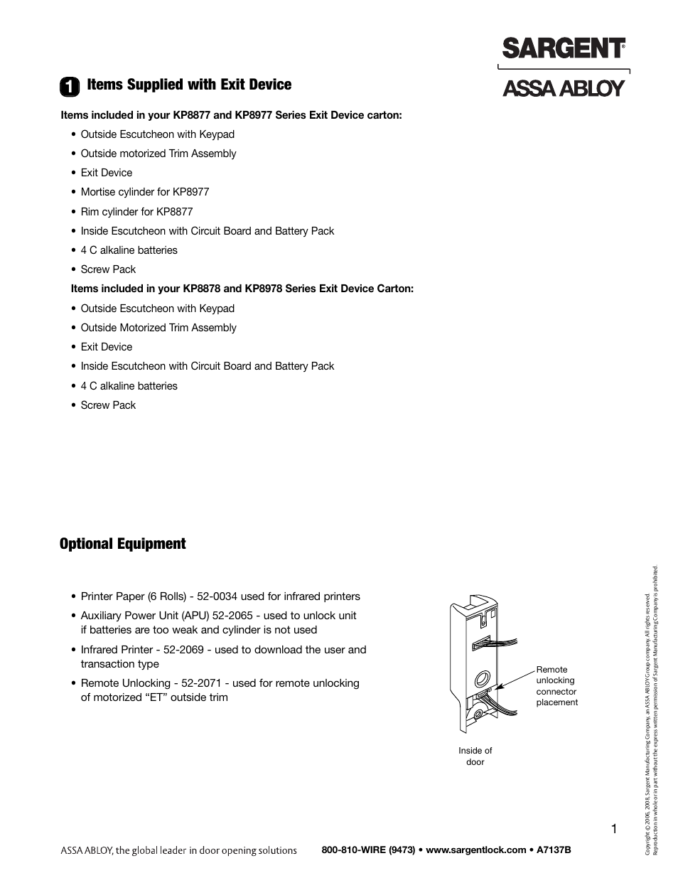 Items supplied with exit device, Optional equipment | SARGENT Keypad Exit Devices User Manual | Page 3 / 26