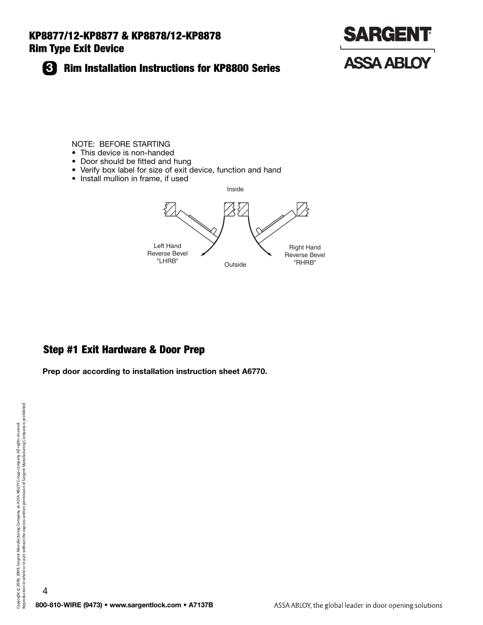Step #1 exit hardware & door prep | SARGENT Keypad Exit Devices User Manual | Page 6 / 26
