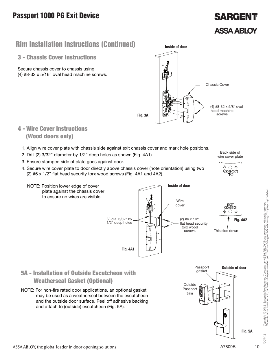 Rim installation instructions (continued), Passport 1000 pg exit device, 3 - chassis cover instructions | 4 - wire cover instructions (wood doors only) | SARGENT Passport 1000 PG Exit Devices User Manual | Page 10 / 28