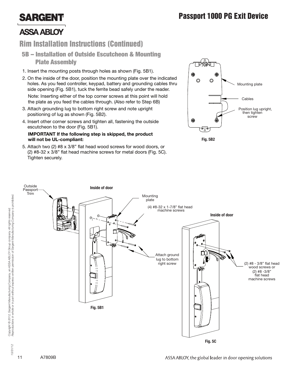 Rim installation instructions (continued), Passport 1000 pg exit device | SARGENT Passport 1000 PG Exit Devices User Manual | Page 11 / 28