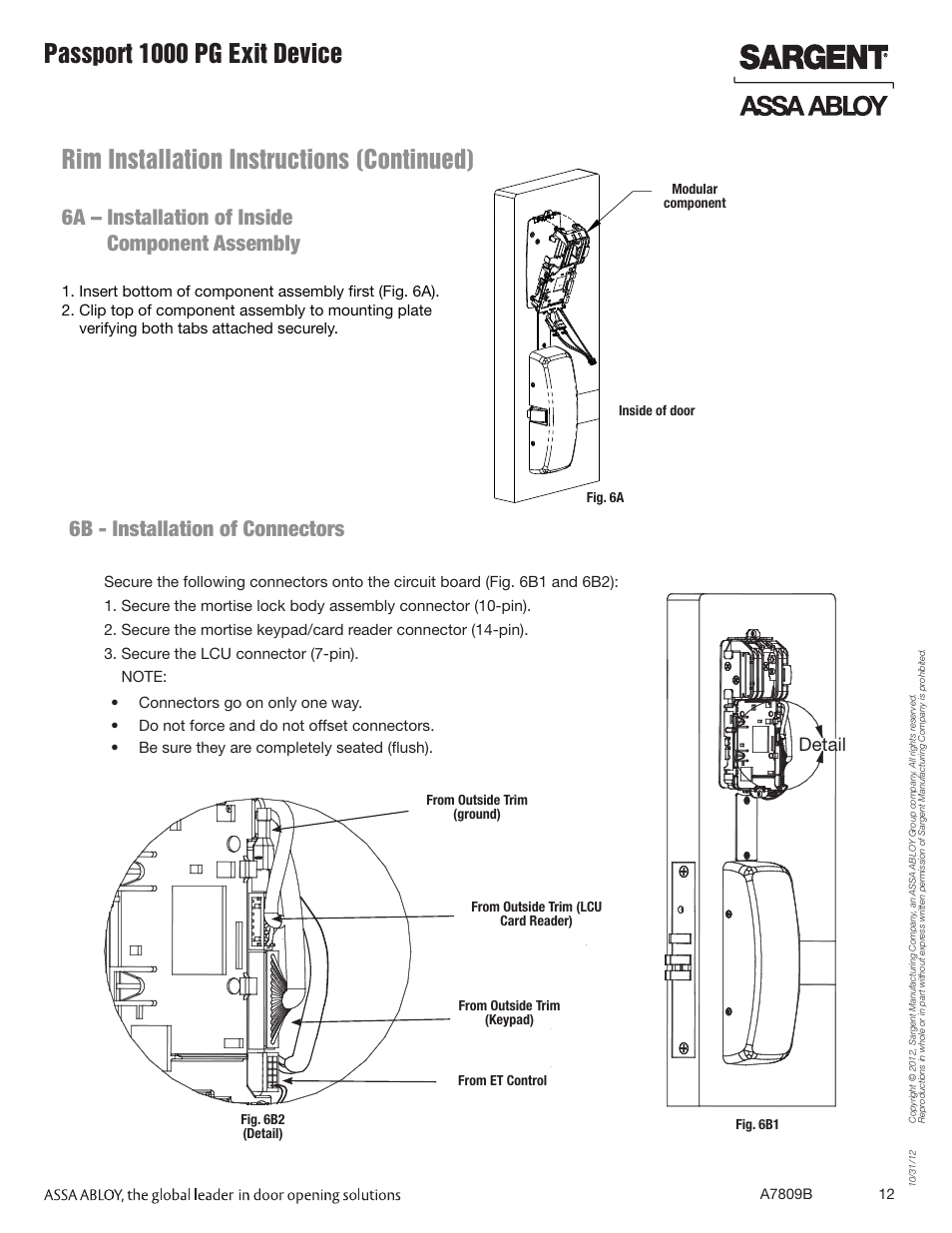 Rim installation instructions (continued), Passport 1000 pg exit device, 6a – installation of inside component assembly | 6b - installation of connectors | SARGENT Passport 1000 PG Exit Devices User Manual | Page 12 / 28