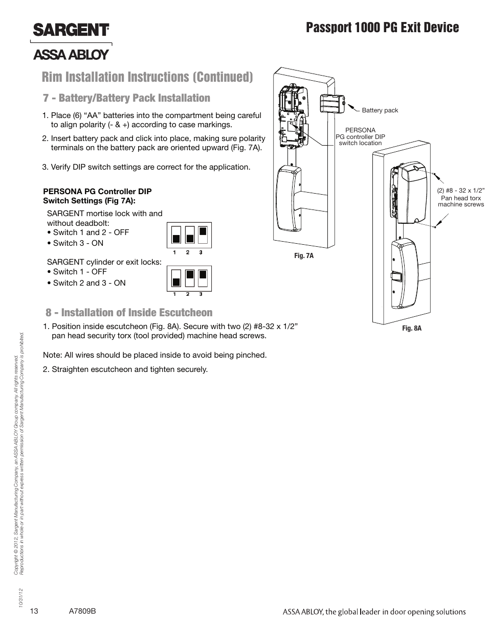 Rim installation instructions (continued), Passport 1000 pg exit device, 8 - installation of inside escutcheon | 7 - battery/battery pack installation | SARGENT Passport 1000 PG Exit Devices User Manual | Page 13 / 28