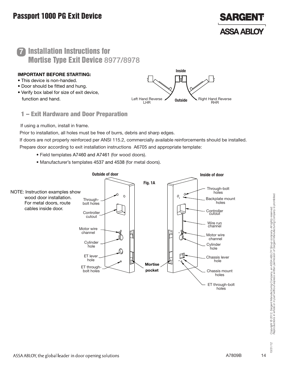 Passport 1000 pg exit device, 1 – exit hardware and door preparation | SARGENT Passport 1000 PG Exit Devices User Manual | Page 14 / 28