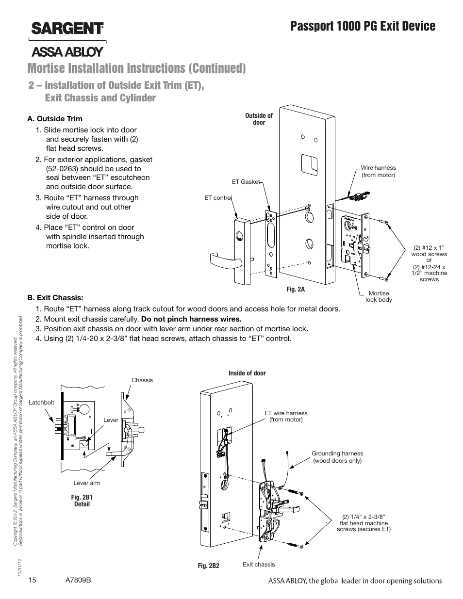 Mortise installation instructions (continued), Passport 1000 pg exit device | SARGENT Passport 1000 PG Exit Devices User Manual | Page 15 / 28