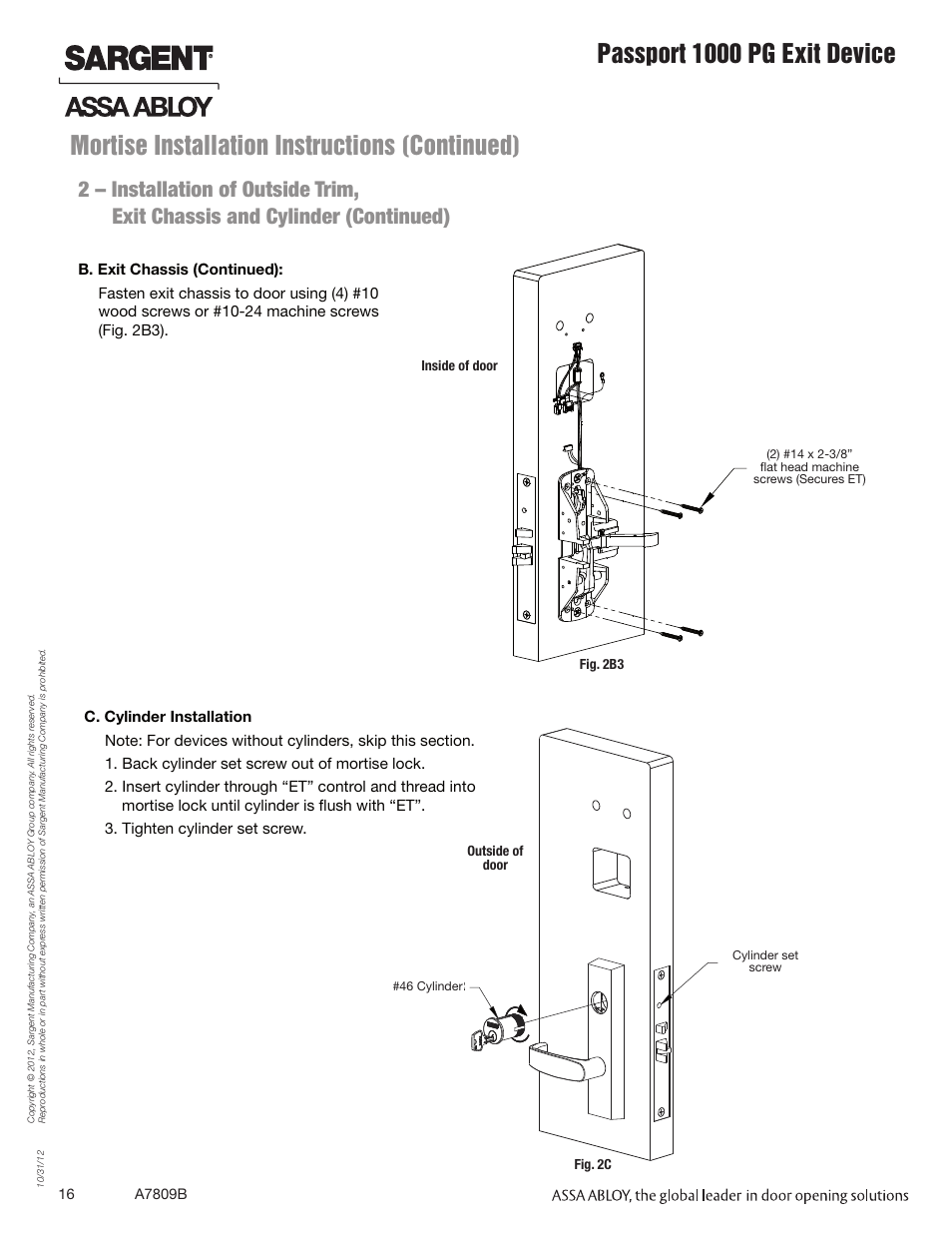 Mortise installation instructions (continued), Passport 1000 pg exit device | SARGENT Passport 1000 PG Exit Devices User Manual | Page 16 / 28