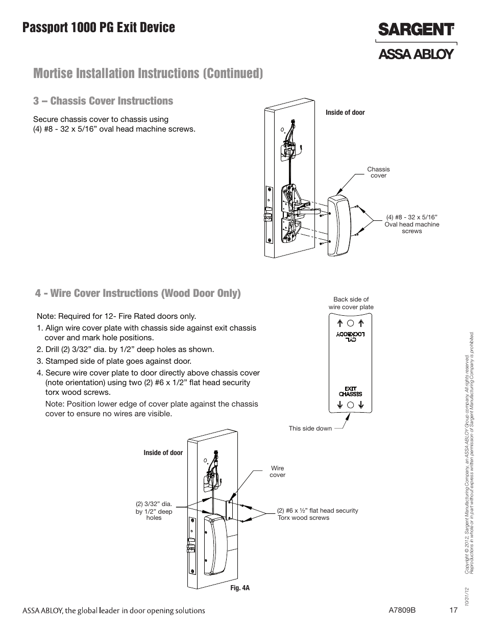 Mortise installation instructions (continued), Passport 1000 pg exit device, 3 – chassis cover instructions | 4 - wire cover instructions (wood door only) | SARGENT Passport 1000 PG Exit Devices User Manual | Page 17 / 28
