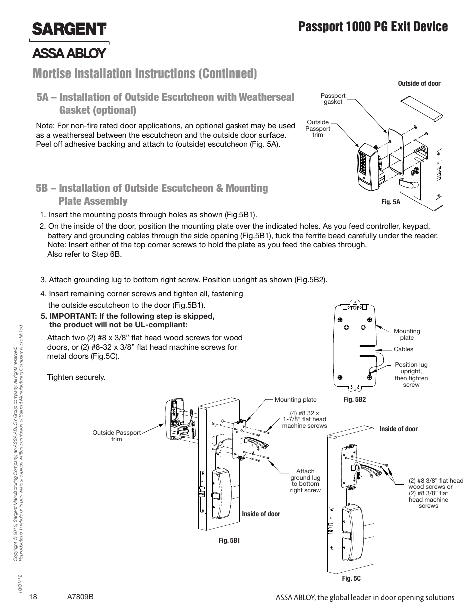 Mortise installation instructions (continued), Passport 1000 pg exit device | SARGENT Passport 1000 PG Exit Devices User Manual | Page 18 / 28