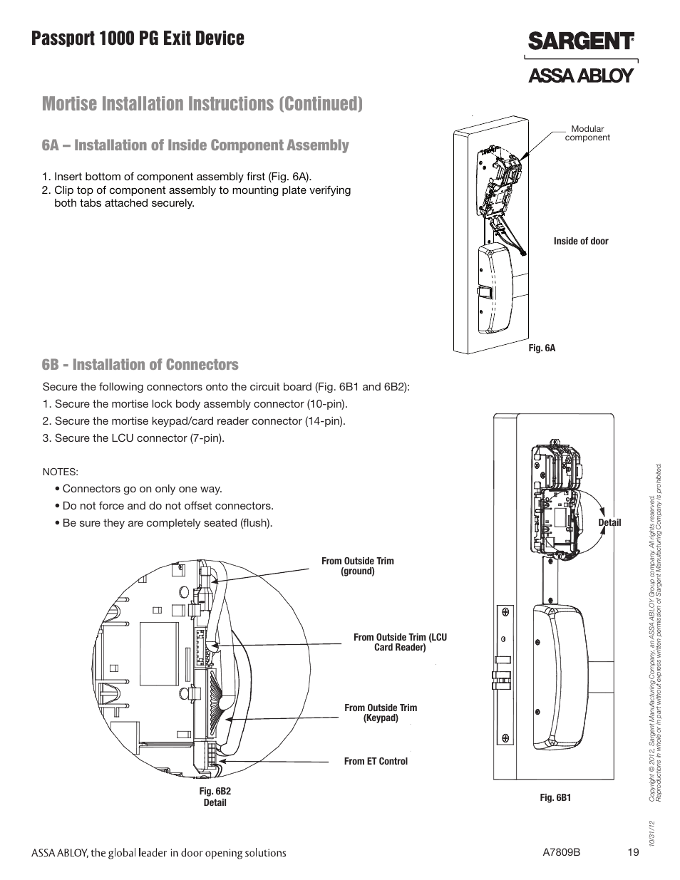 Mortise installation instructions (continued), Passport 1000 pg exit device, 6a – installation of inside component assembly | 6b - installation of connectors | SARGENT Passport 1000 PG Exit Devices User Manual | Page 19 / 28