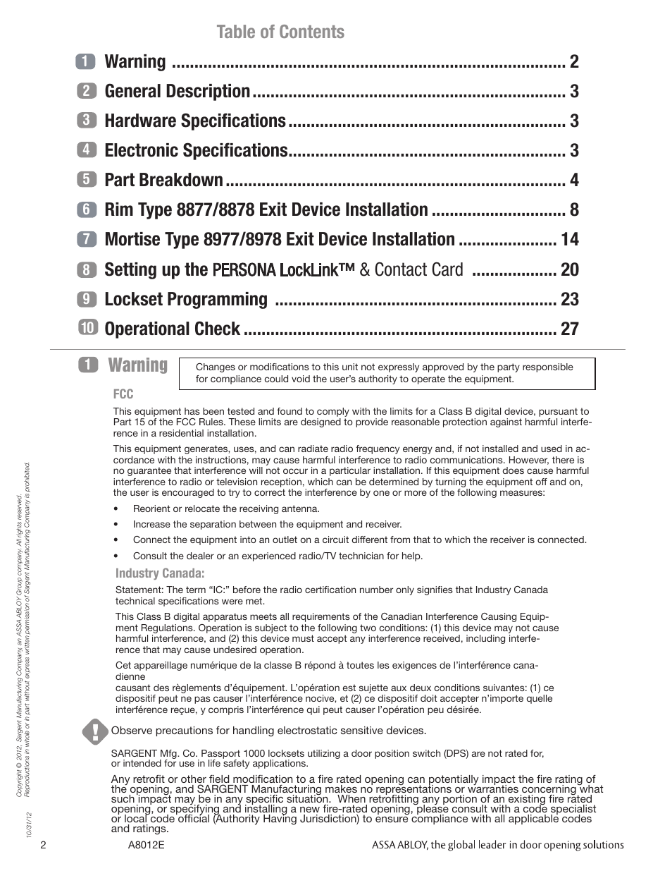 Contact card lockset programming operational check, Persona locklink, Warning | SARGENT Passport 1000 PG Exit Devices User Manual | Page 2 / 28