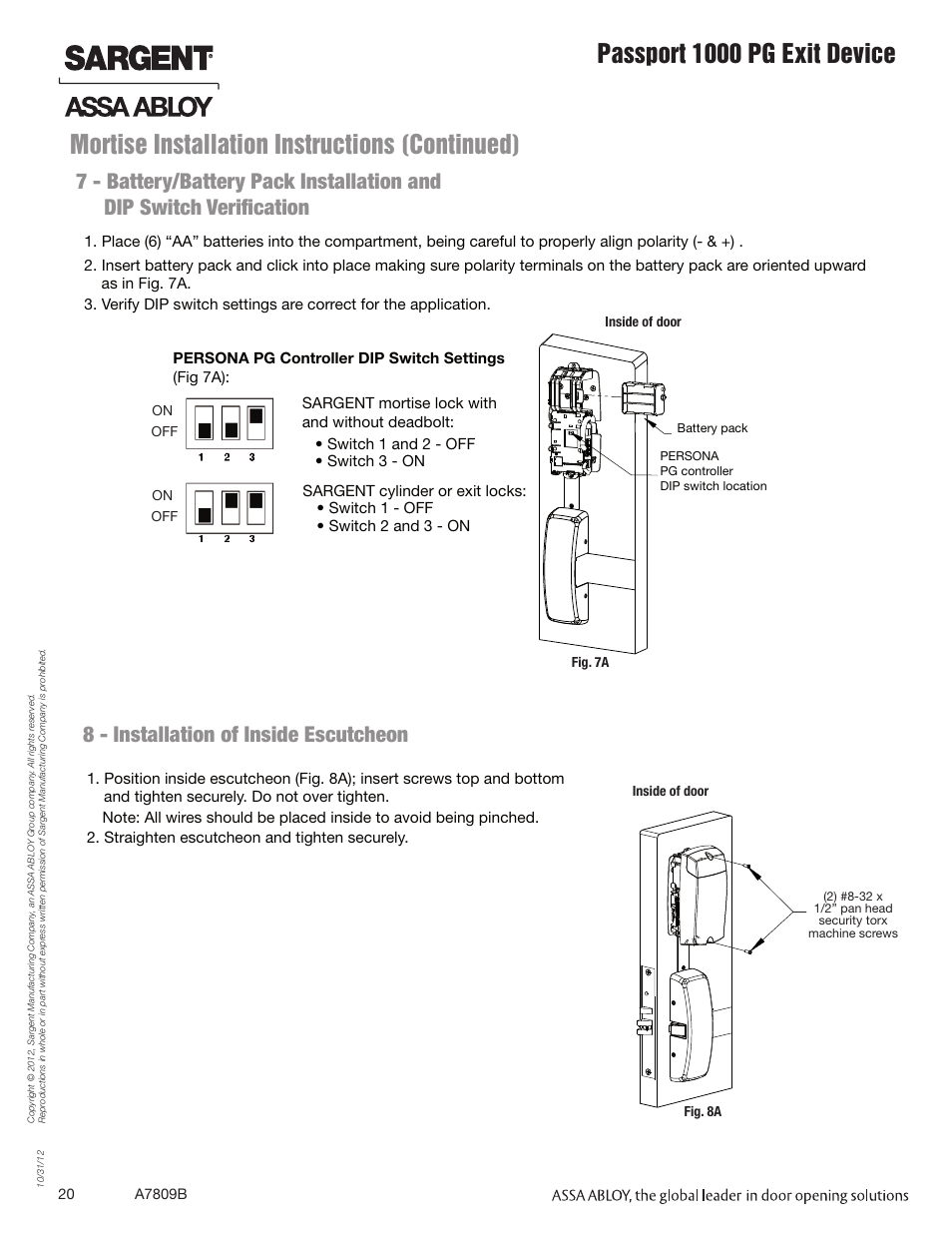 Mortise installation instructions (continued), Passport 1000 pg exit device | SARGENT Passport 1000 PG Exit Devices User Manual | Page 20 / 28