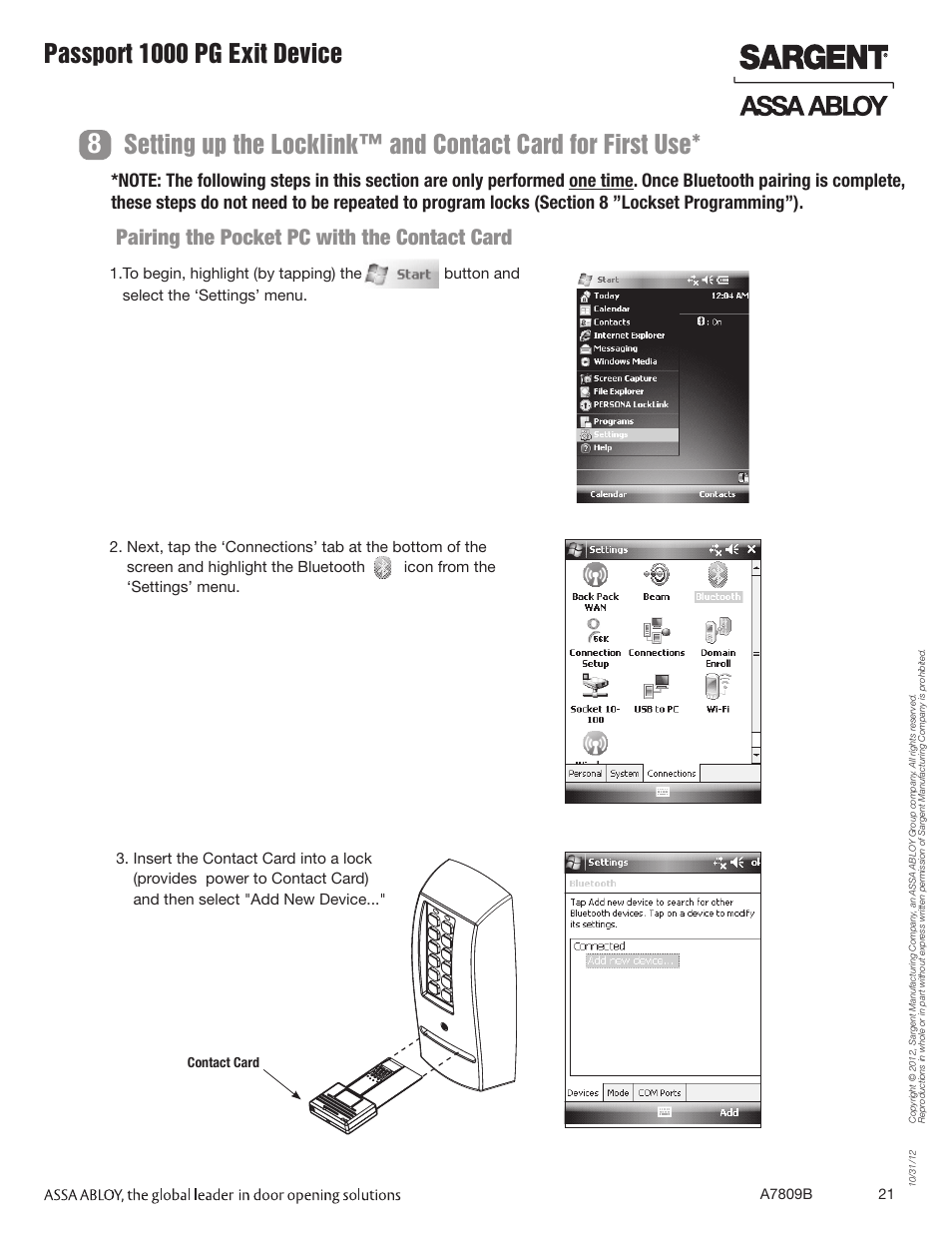 Passport 1000 pg exit device, Pairing the pocket pc with the contact card | SARGENT Passport 1000 PG Exit Devices User Manual | Page 21 / 28