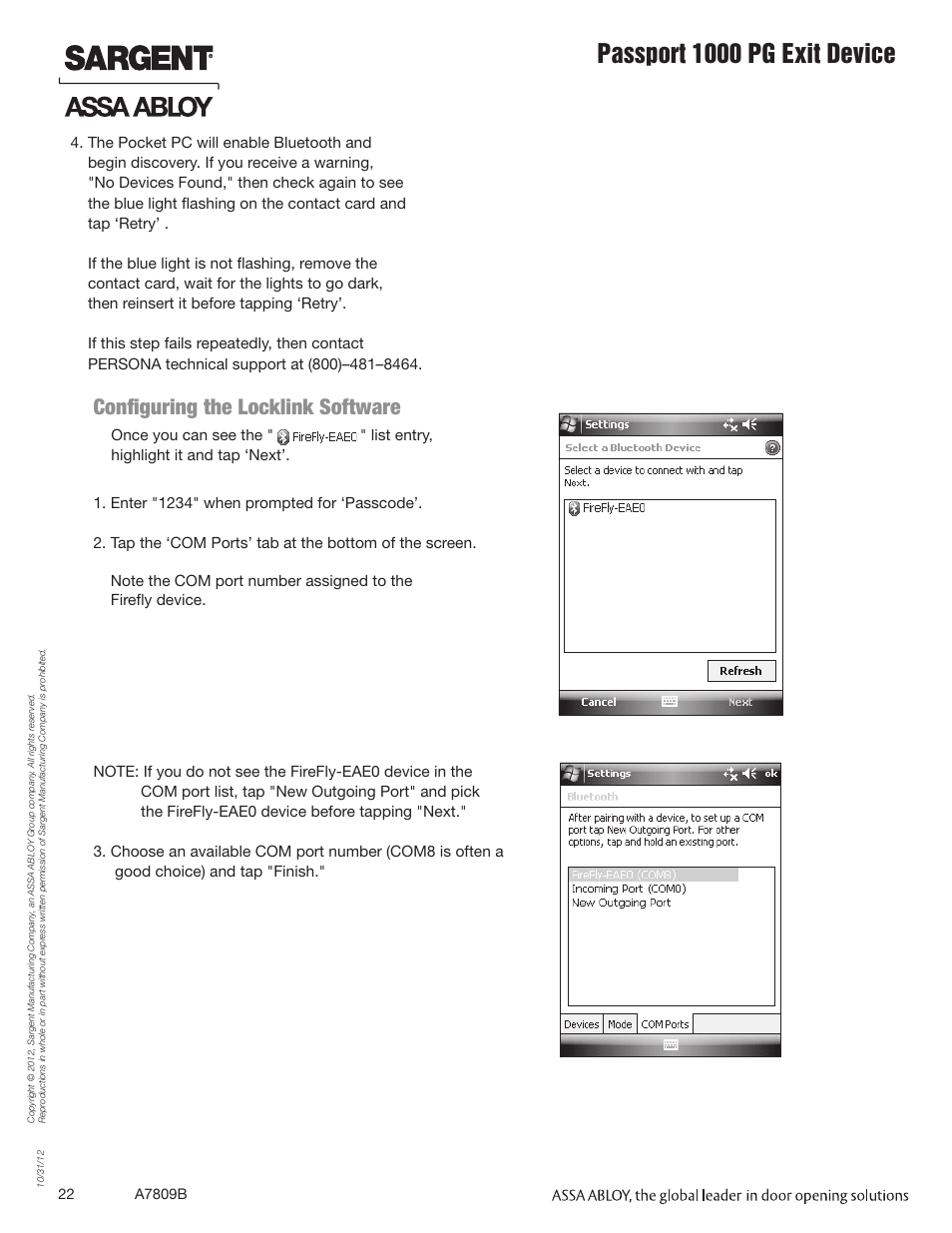 Passport 1000 pg exit device, Configuring the locklink software | SARGENT Passport 1000 PG Exit Devices User Manual | Page 22 / 28