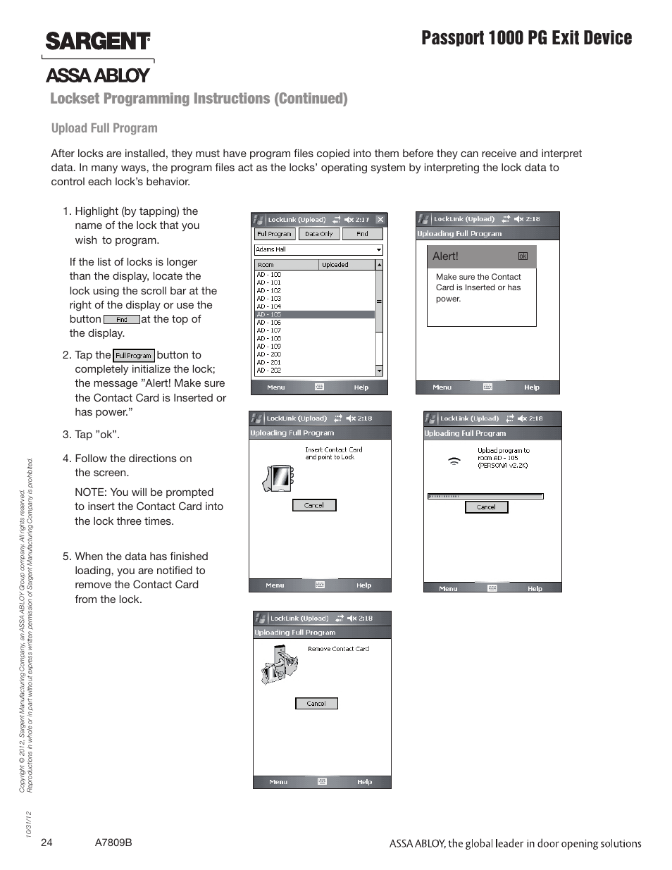 Passport 1000 pg exit device, Lockset programming instructions (continued), Upload full program | SARGENT Passport 1000 PG Exit Devices User Manual | Page 24 / 28