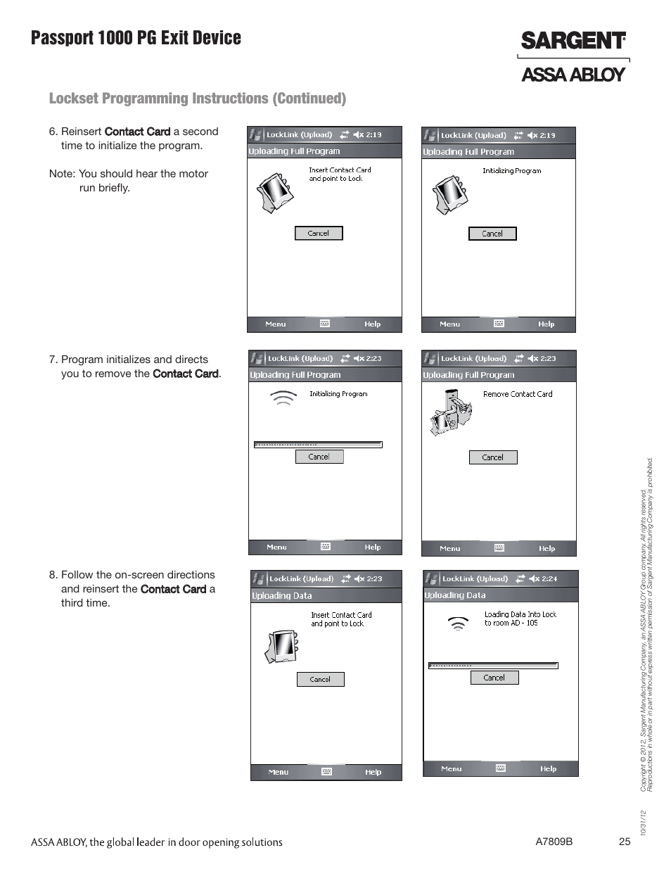 Passport 1000 pg exit device, Lockset programming instructions (continued) | SARGENT Passport 1000 PG Exit Devices User Manual | Page 25 / 28
