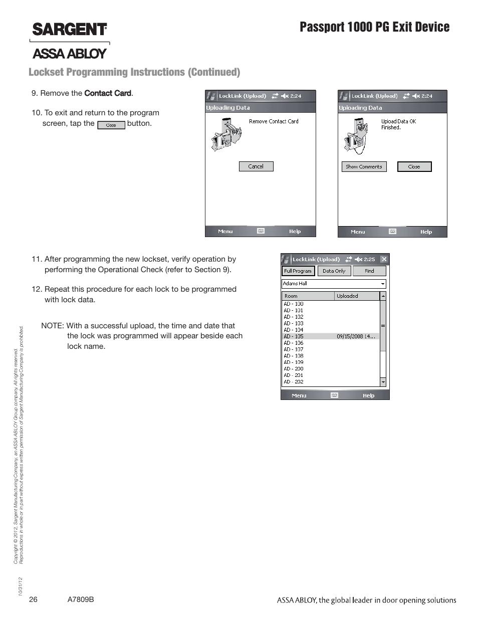 Passport 1000 pg exit device, Lockset programming instructions (continued) | SARGENT Passport 1000 PG Exit Devices User Manual | Page 26 / 28