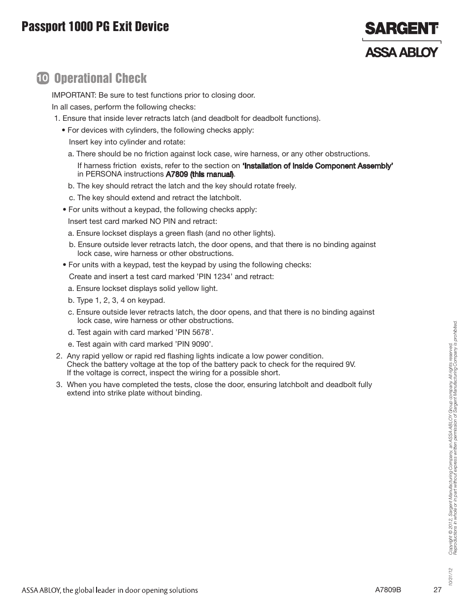 Passport 1000 pg exit device, Operational check | SARGENT Passport 1000 PG Exit Devices User Manual | Page 27 / 28