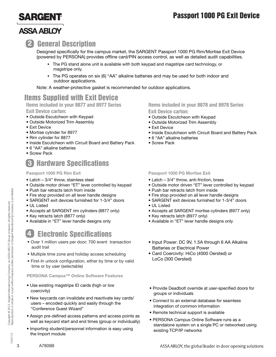 Hardware specifications, Electronic specifications, Passport 1000 pg exit device | SARGENT Passport 1000 PG Exit Devices User Manual | Page 3 / 28
