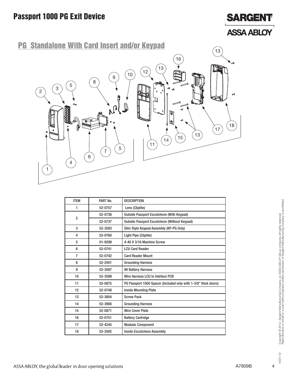 Pg standalone with card insert and/or keypad, Passport 1000 pg exit device | SARGENT Passport 1000 PG Exit Devices User Manual | Page 4 / 28