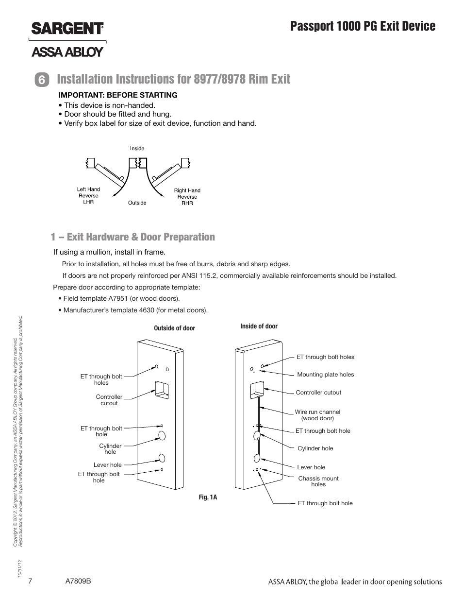 Passport 1000 pg exit device, 1 – exit hardware & door preparation | SARGENT Passport 1000 PG Exit Devices User Manual | Page 7 / 28