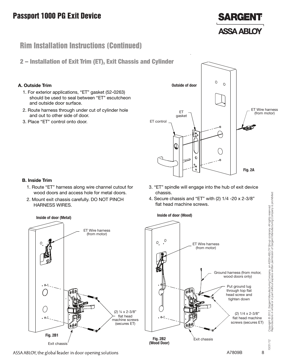 Rim installation instructions (continued), Passport 1000 pg exit device | SARGENT Passport 1000 PG Exit Devices User Manual | Page 8 / 28