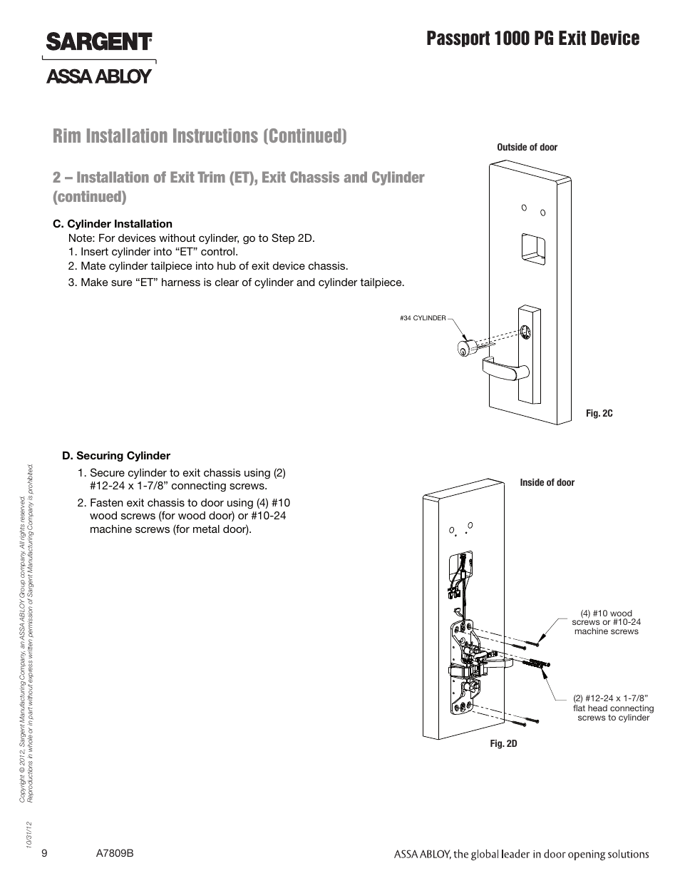 Rim installation instructions (continued), Passport 1000 pg exit device | SARGENT Passport 1000 PG Exit Devices User Manual | Page 9 / 28