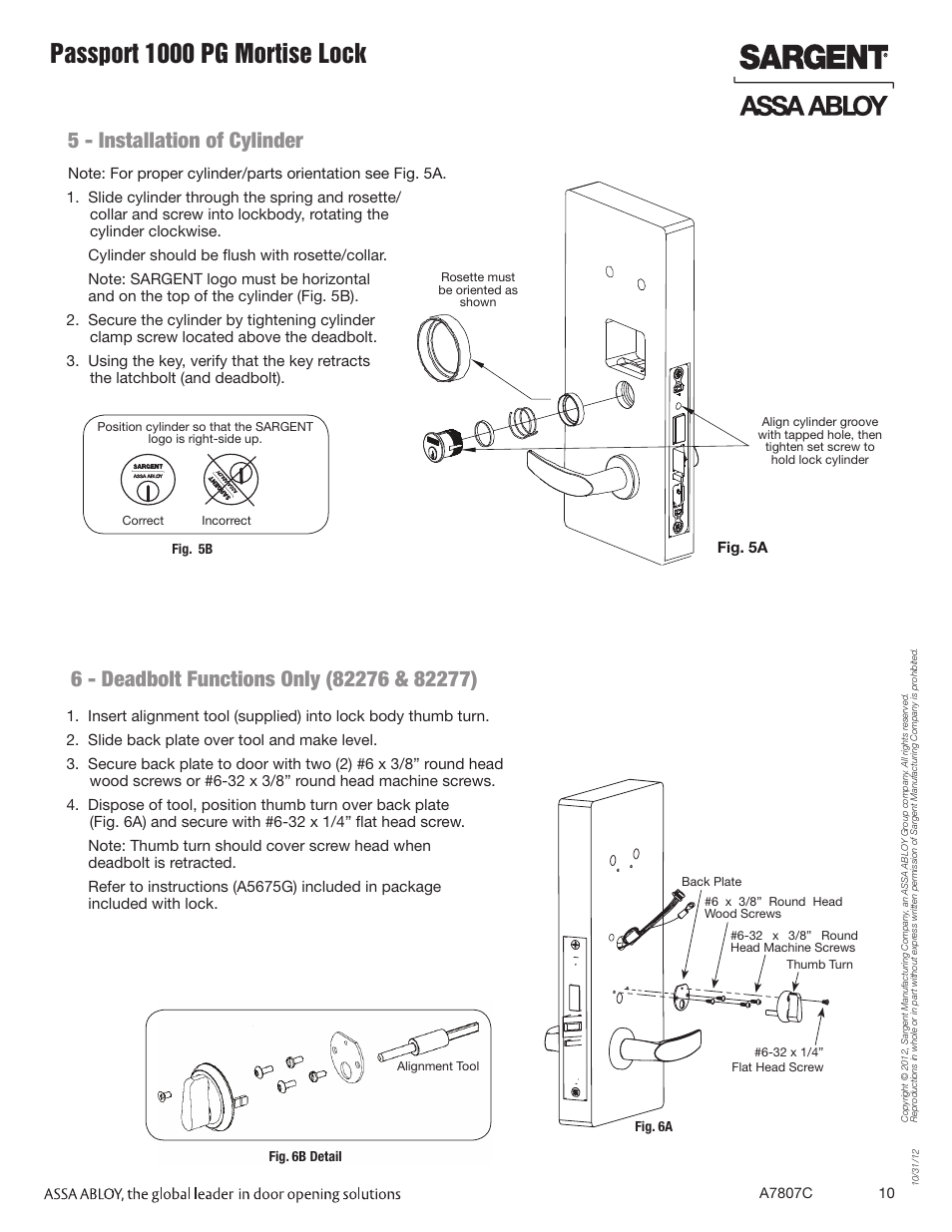 Passport 1000 pg mortise lock, 5 - installation of cylinder | SARGENT Passport 1000 PG Mortise Locks User Manual | Page 10 / 22