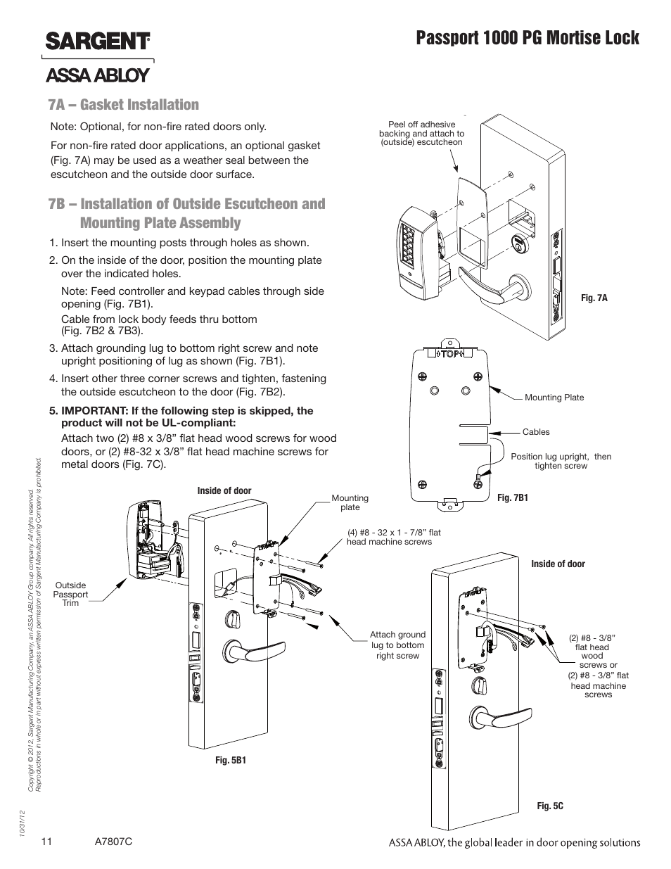 Passport 1000 pg mortise lock | SARGENT Passport 1000 PG Mortise Locks User Manual | Page 11 / 22