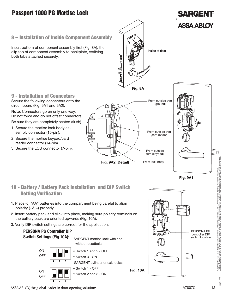 Passport 1000 pg mortise lock, 8 – installation of inside component assembly, 9 - installation of connectors | SARGENT Passport 1000 PG Mortise Locks User Manual | Page 12 / 22