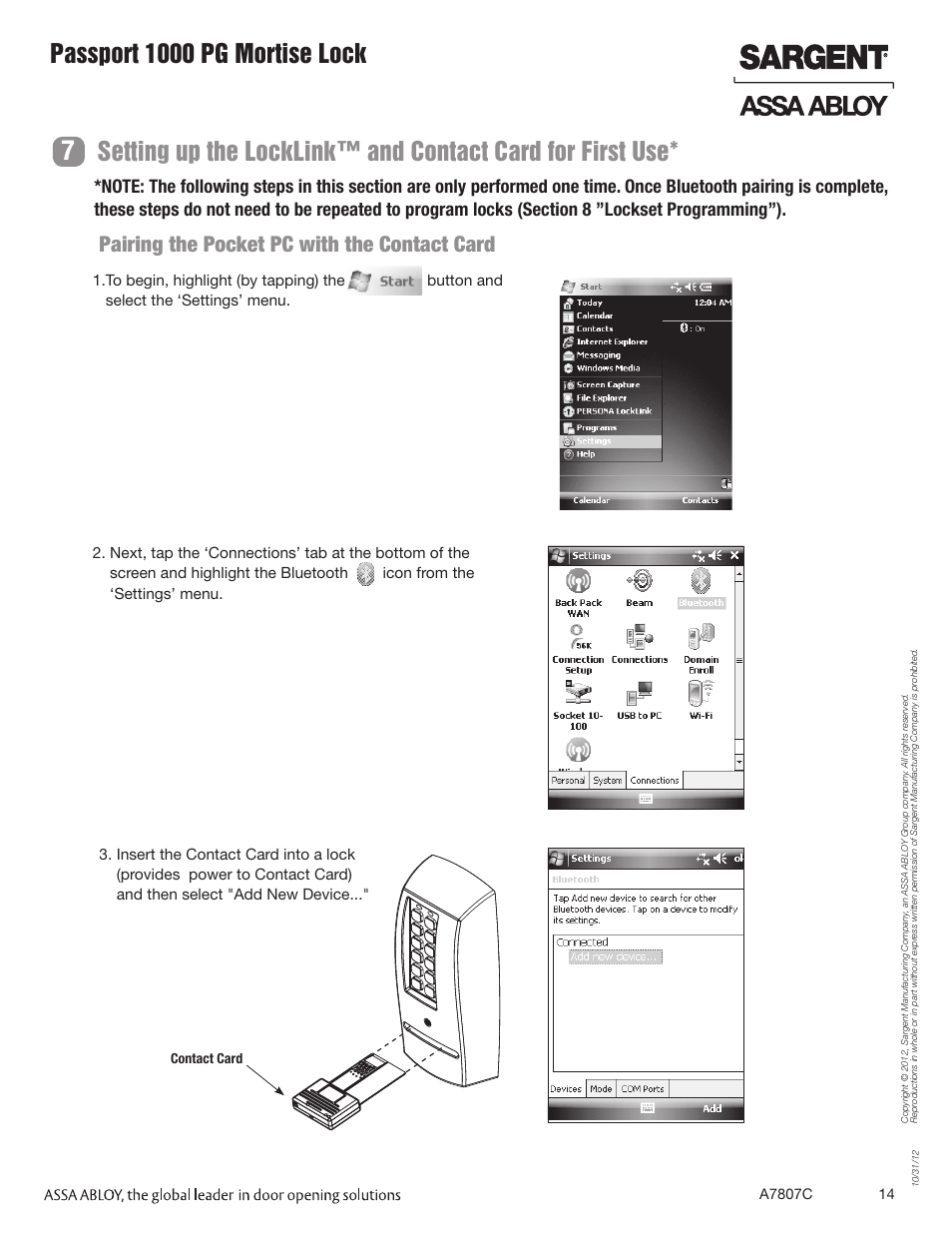 Passport 1000 pg mortise lock, Pairing the pocket pc with the contact card | SARGENT Passport 1000 PG Mortise Locks User Manual | Page 14 / 22