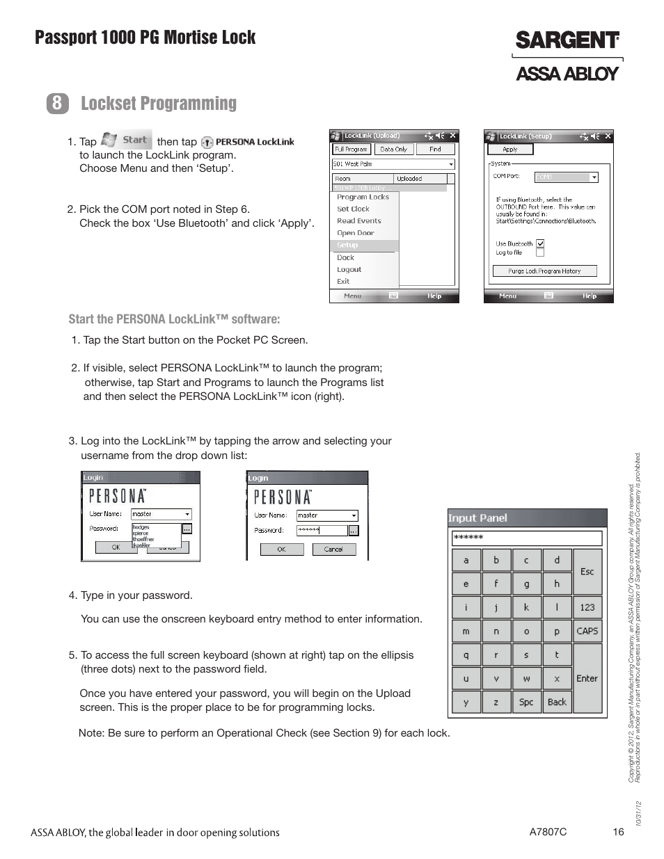Passport 1000 pg mortise lock, Lockset programming | SARGENT Passport 1000 PG Mortise Locks User Manual | Page 16 / 22