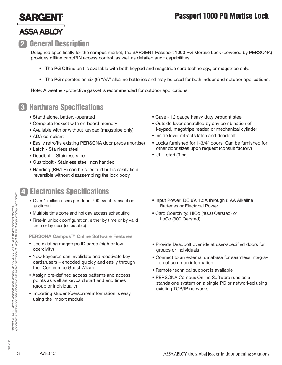 General description, Hardware specifications electronics specifications, Passport 1000 pg mortise lock | SARGENT Passport 1000 PG Mortise Locks User Manual | Page 3 / 22