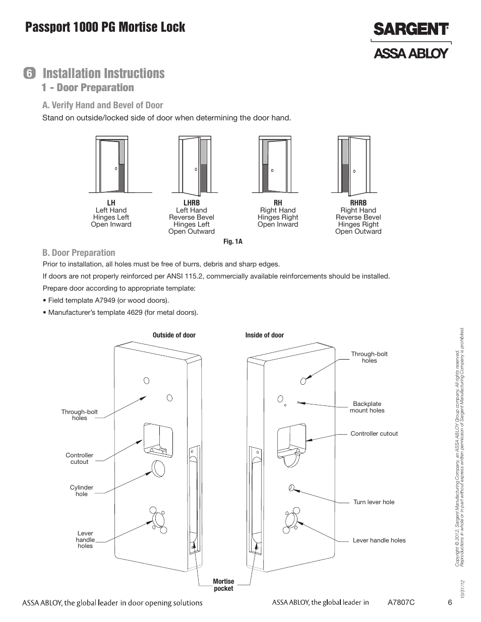 Installation instructions, Passport 1000 pg mortise lock, 1 - door preparation | A. verify hand and bevel of door, B. door preparation | SARGENT Passport 1000 PG Mortise Locks User Manual | Page 6 / 22