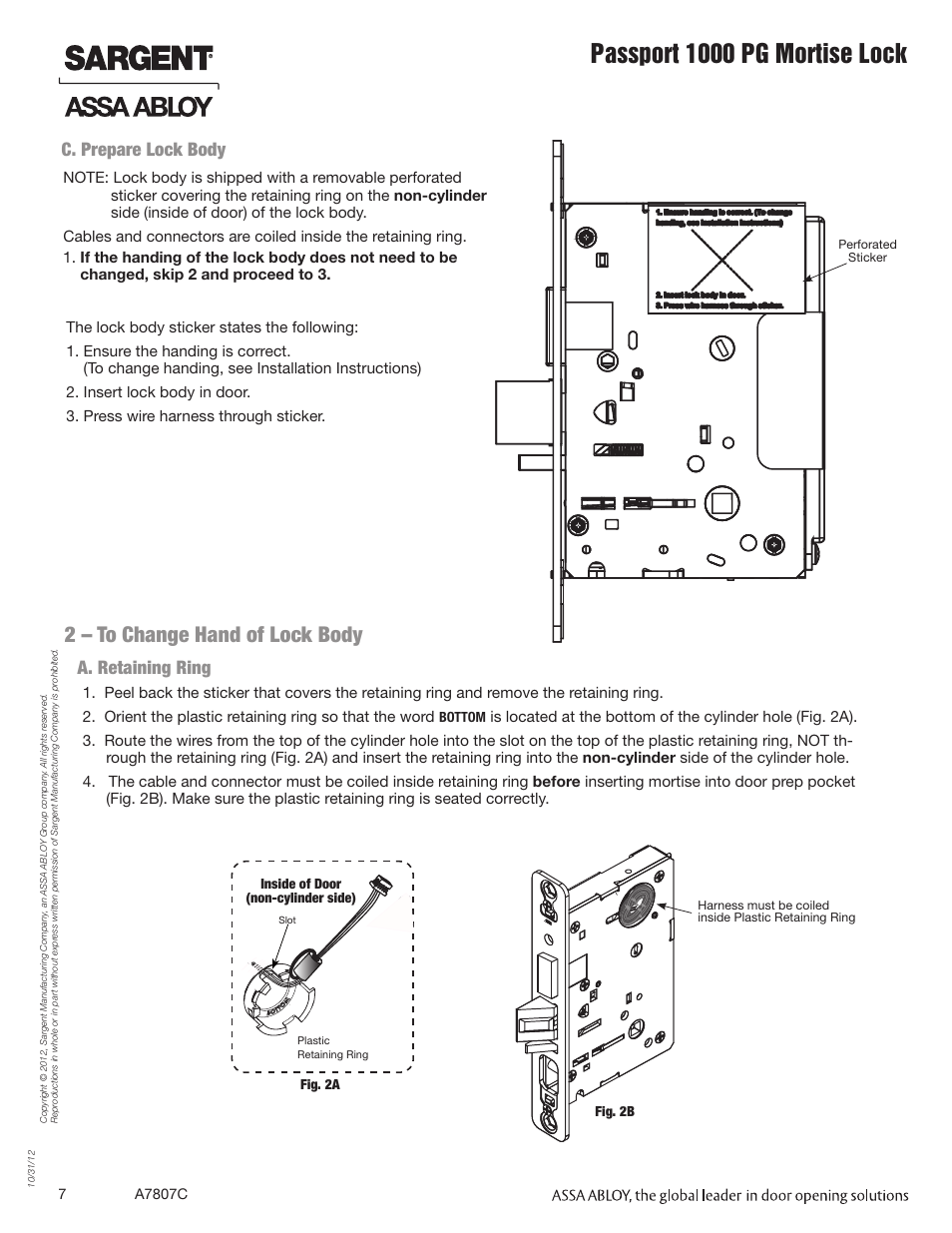 Passport 1000 pg mortise lock, 2 – to change hand of lock body, A. retaining ring | C. prepare lock body, C. reverse latch hand, B. reverse lock hand | SARGENT Passport 1000 PG Mortise Locks User Manual | Page 7 / 22