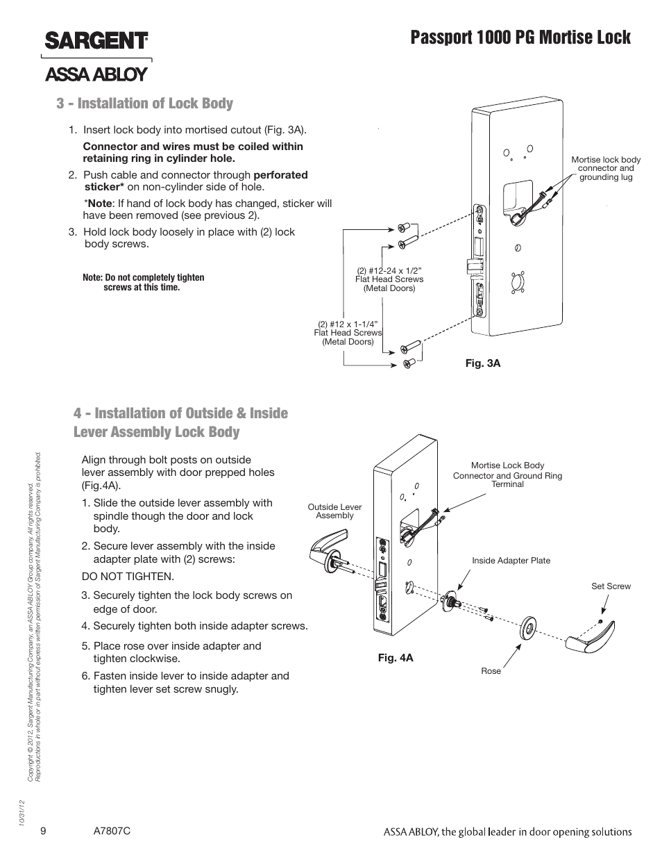 Passport 1000 pg mortise lock, 3 - installation of lock body | SARGENT Passport 1000 PG Mortise Locks User Manual | Page 9 / 22