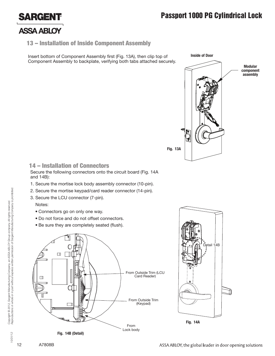 Passport 1000 pg cylindrical lock, 13 – installation of inside component assembly, 14 – installation of connectors | SARGENT Passport 1000 PG Cylindrical Locks User Manual | Page 12 / 22