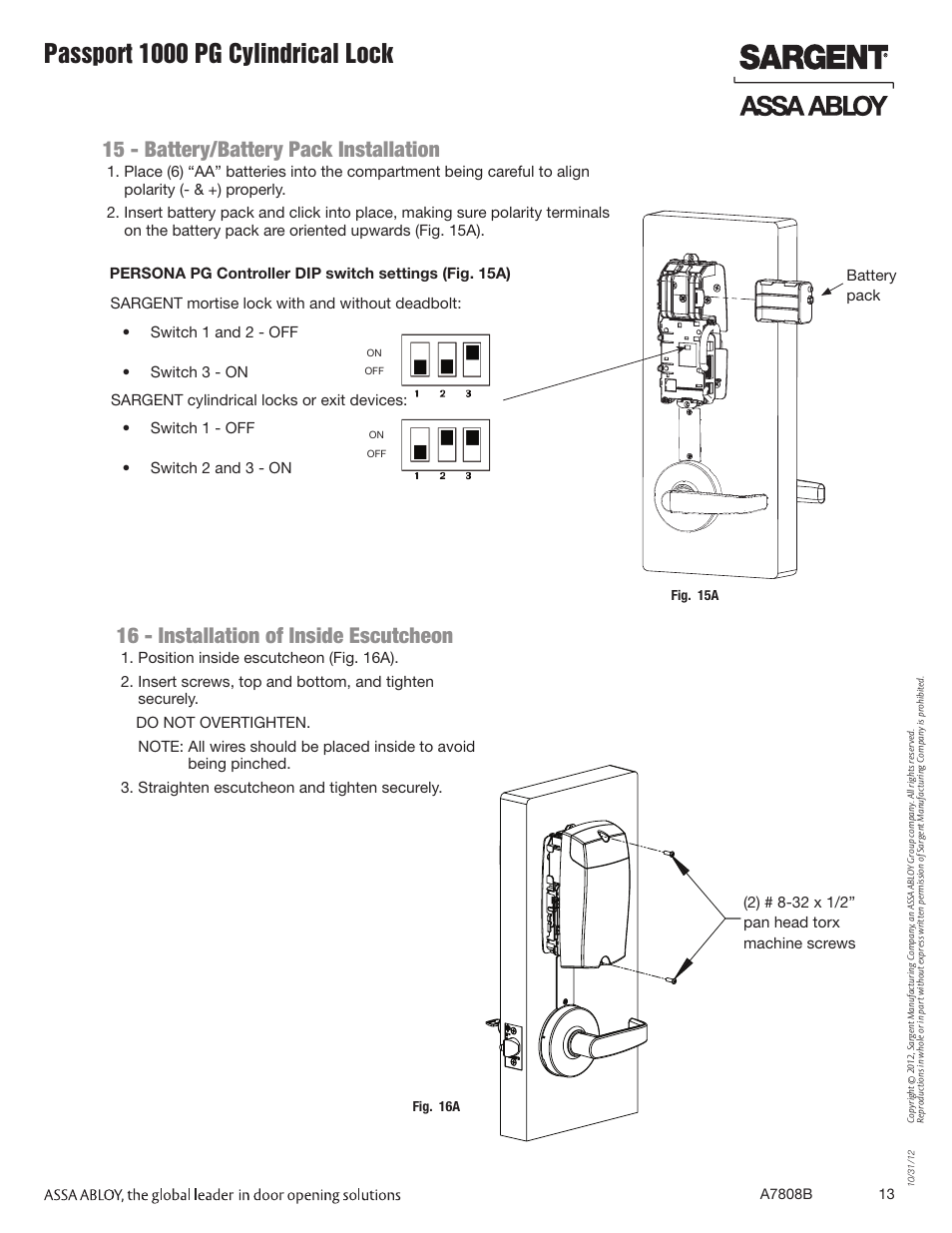 Passport 1000 pg cylindrical lock, 16 - installation of inside escutcheon, 15 - battery/battery pack installation | SARGENT Passport 1000 PG Cylindrical Locks User Manual | Page 13 / 22