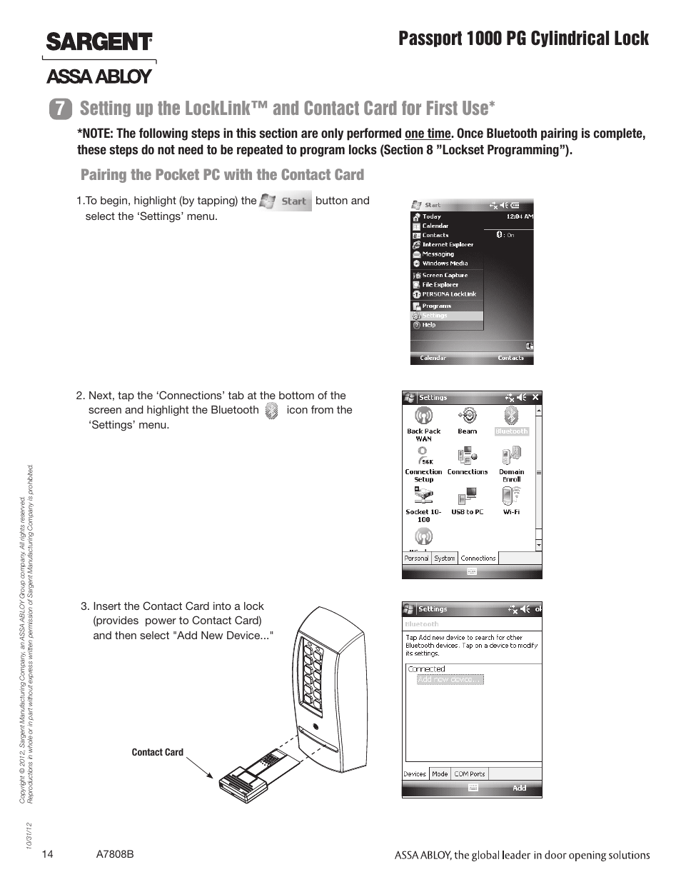 Passport 1000 pg cylindrical lock, Pairing the pocket pc with the contact card | SARGENT Passport 1000 PG Cylindrical Locks User Manual | Page 14 / 22