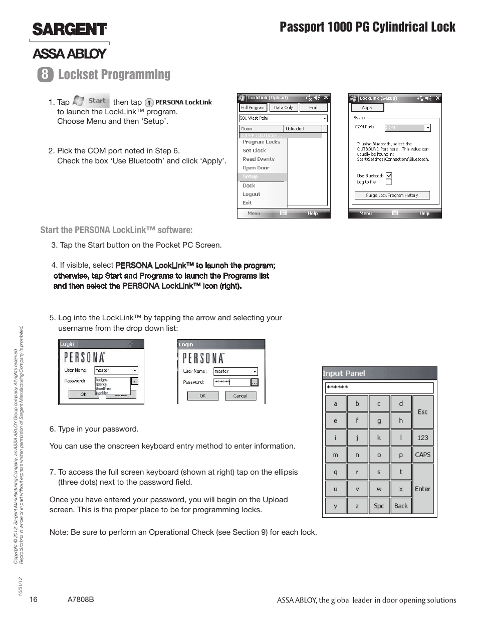 Passport 1000 pg cylindrical lock, Lockset programming | SARGENT Passport 1000 PG Cylindrical Locks User Manual | Page 16 / 22