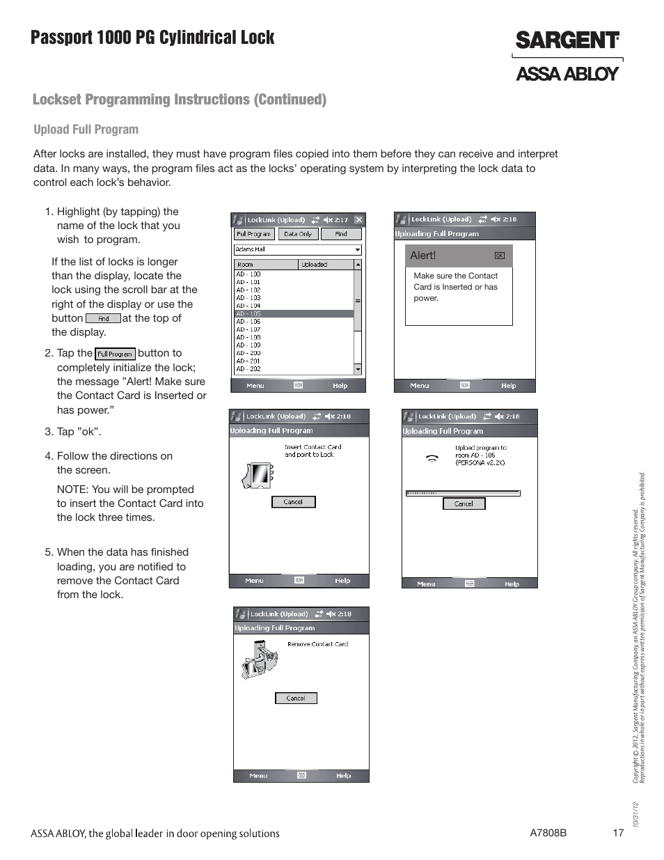Passport 1000 pg cylindrical lock, Lockset programming instructions (continued), Upload full program | SARGENT Passport 1000 PG Cylindrical Locks User Manual | Page 17 / 22