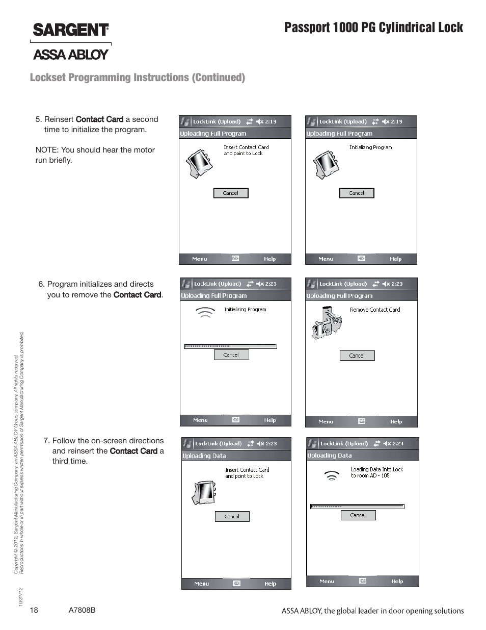 Passport 1000 pg cylindrical lock, Lockset programming instructions (continued) | SARGENT Passport 1000 PG Cylindrical Locks User Manual | Page 18 / 22