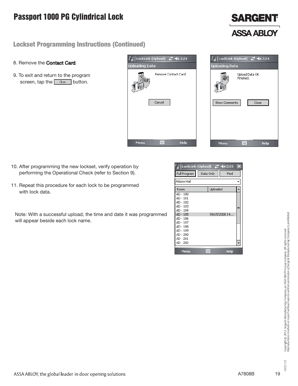 Passport 1000 pg cylindrical lock, Lockset programming instructions (continued) | SARGENT Passport 1000 PG Cylindrical Locks User Manual | Page 19 / 22