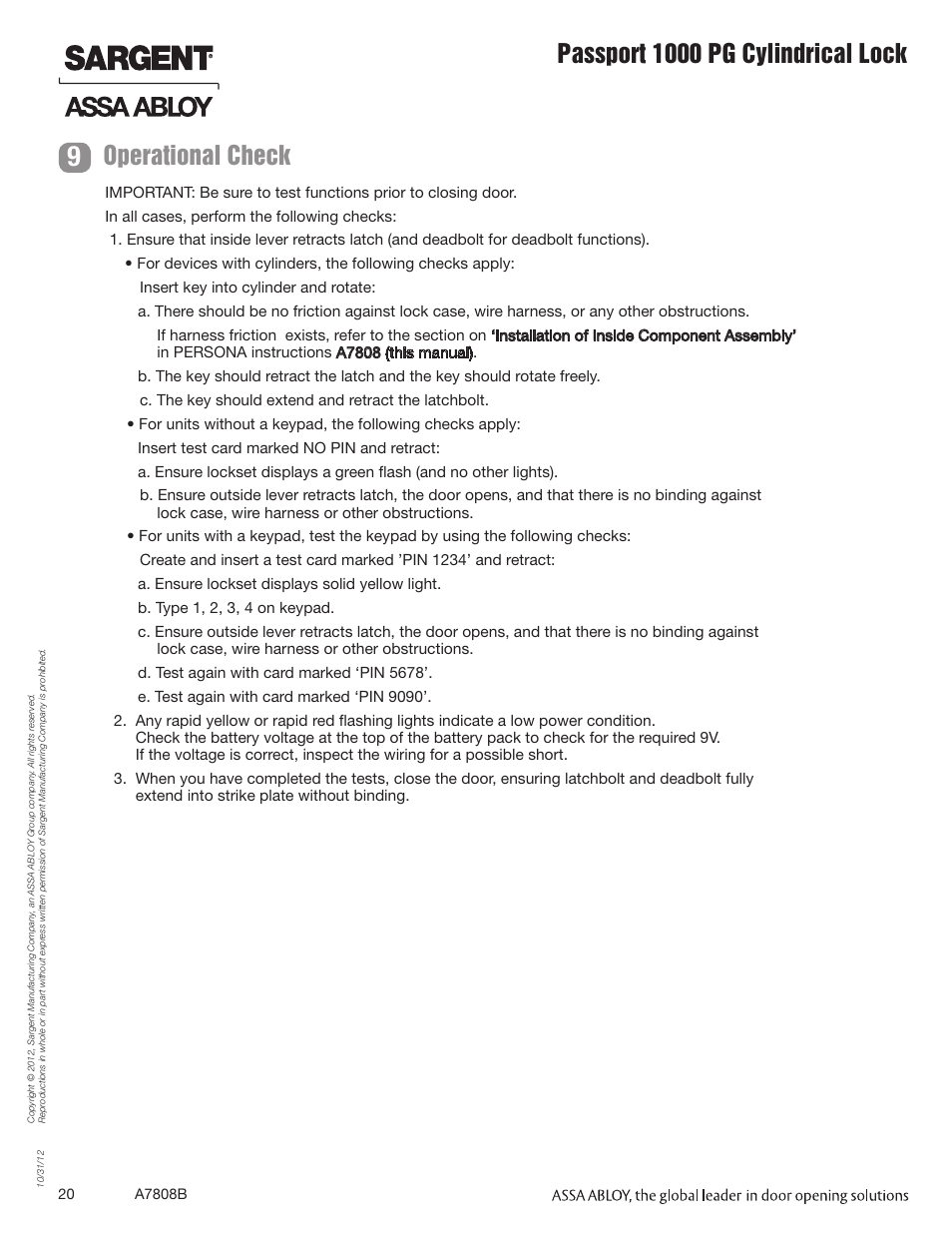 Passport 1000 pg cylindrical lock, Operational check | SARGENT Passport 1000 PG Cylindrical Locks User Manual | Page 20 / 22