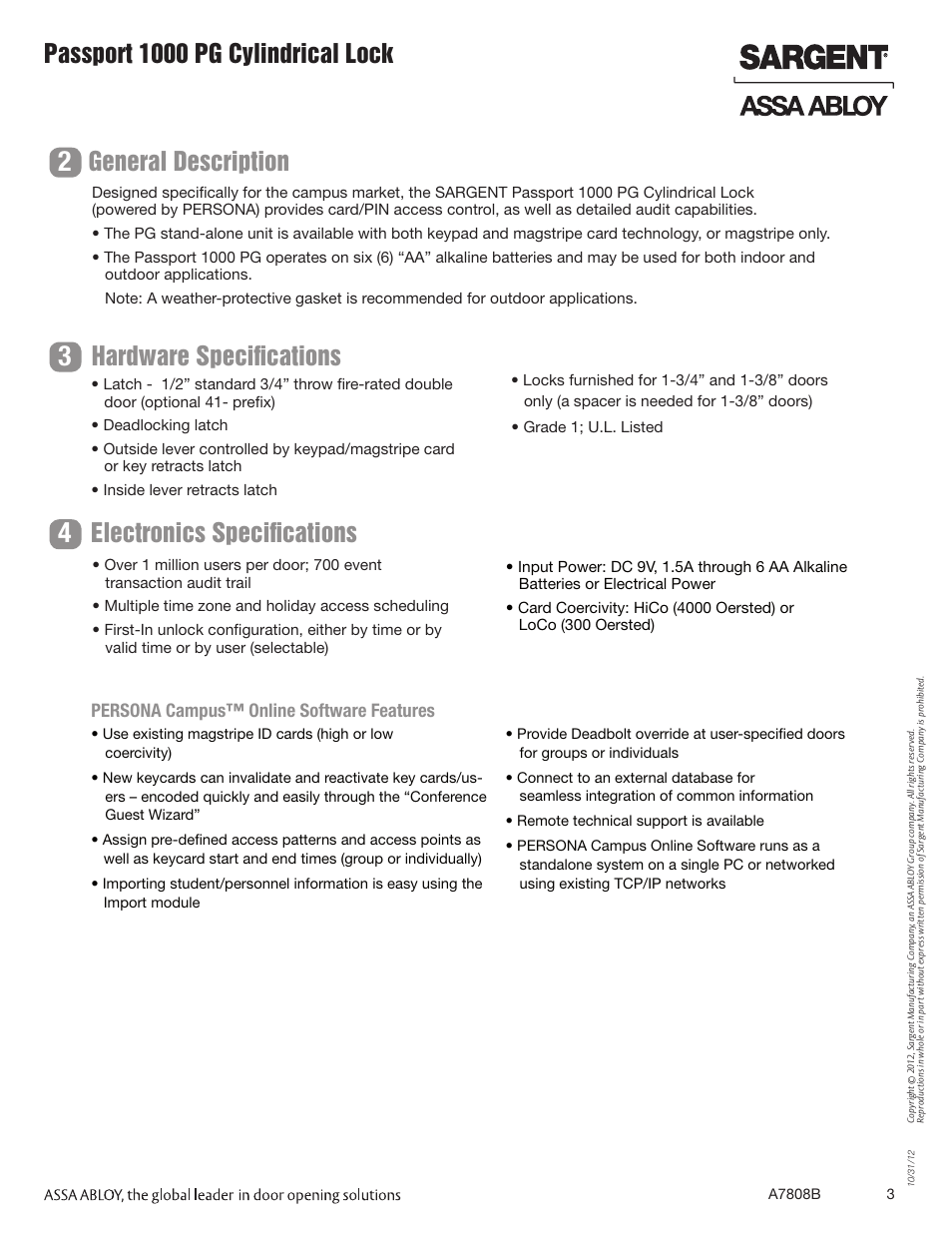 Hardware specifications, Persona campus™ online software features | SARGENT Passport 1000 PG Cylindrical Locks User Manual | Page 3 / 22