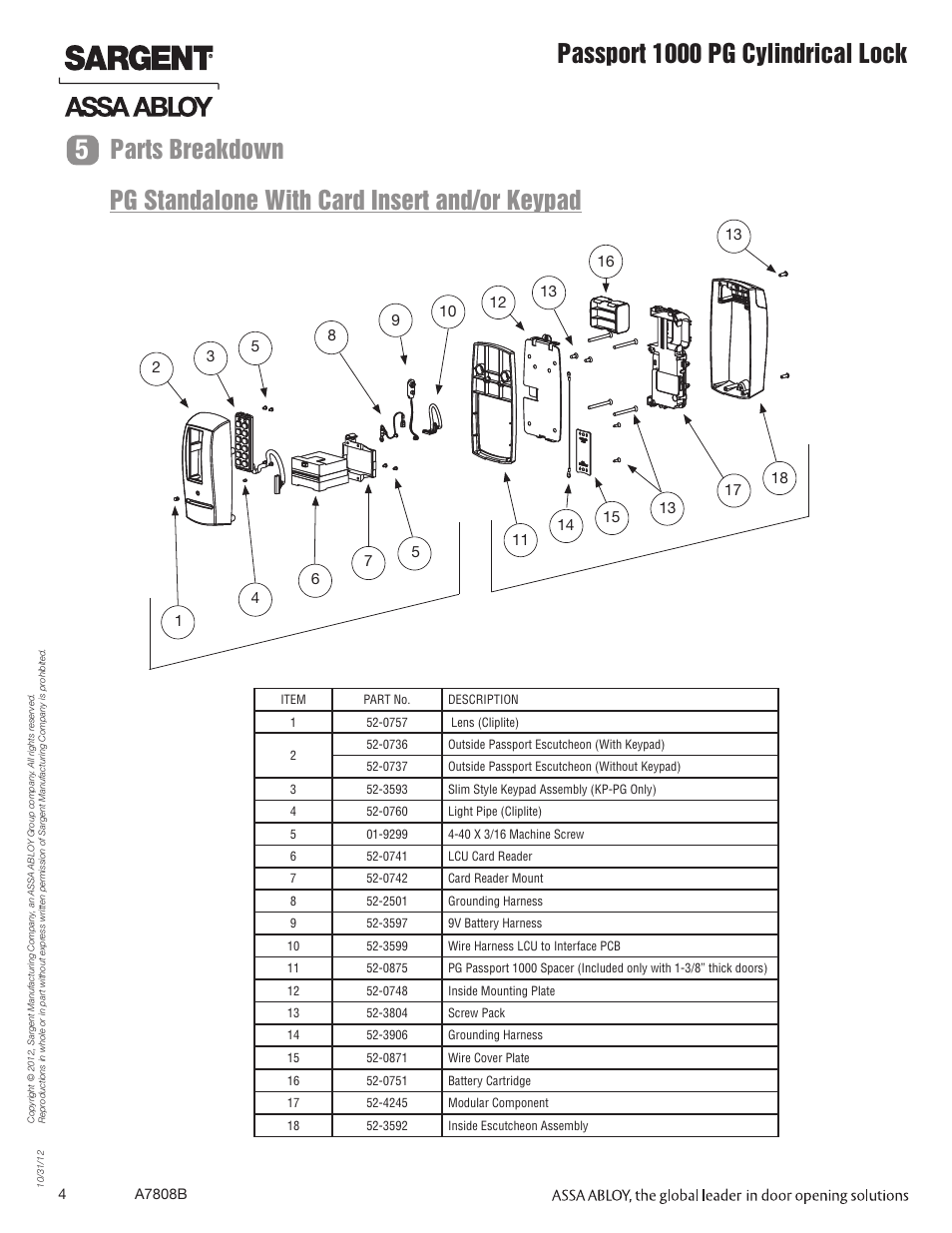 Parts breakdown, Passport 1000 pg cylindrical lock parts breakdown, Pg standalone with card insert and/or keypad | SARGENT Passport 1000 PG Cylindrical Locks User Manual | Page 4 / 22
